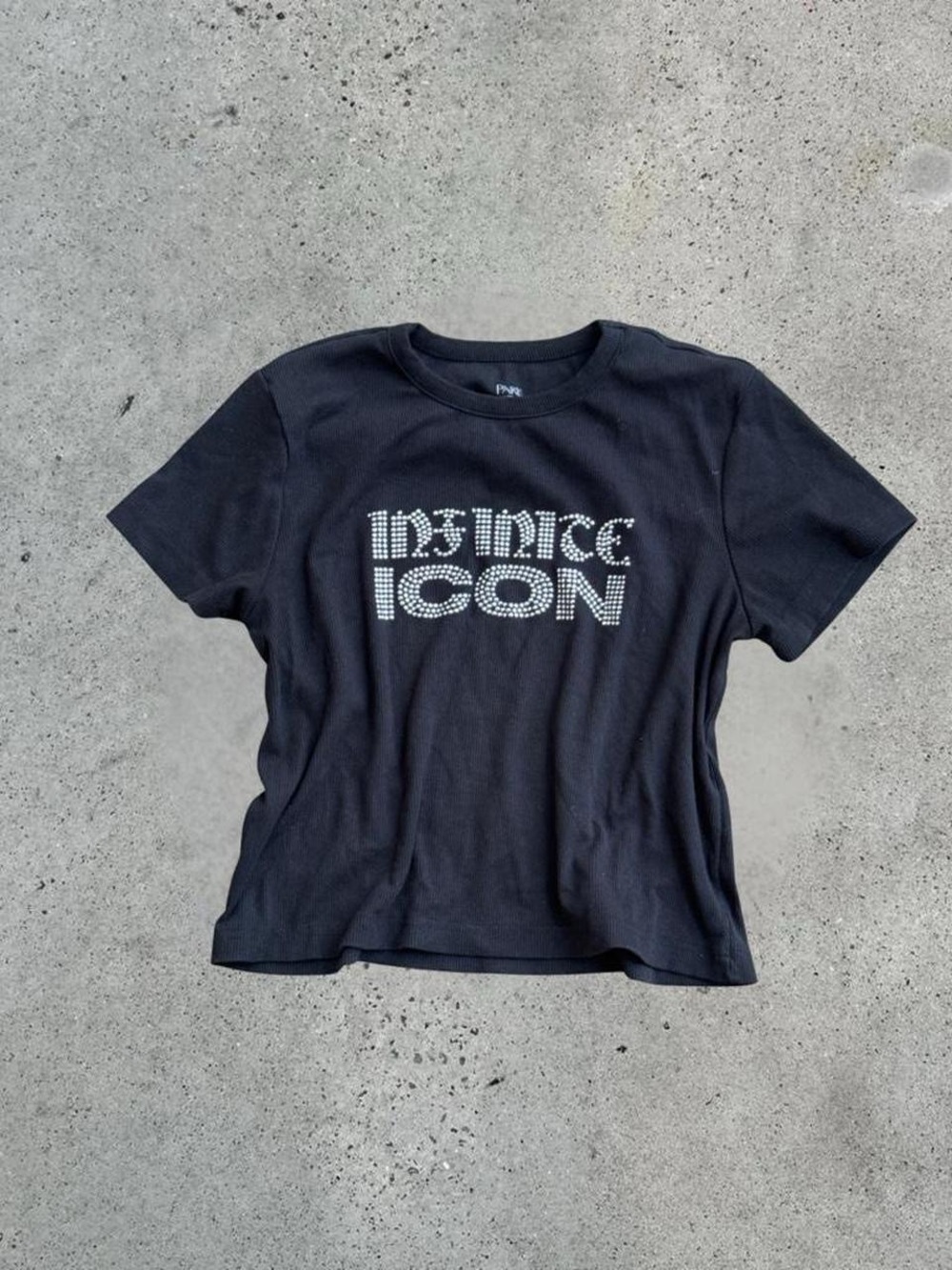 Paris Hilton Black Short Sleeve Tee with Silver Rhinestone 'ICON' Logo